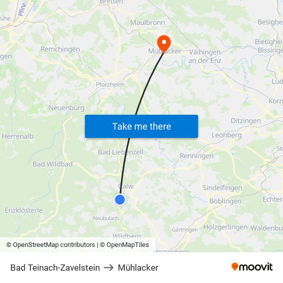 Bad Teinach-Zavelstein to Mühlacker map