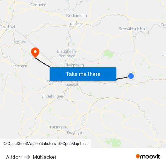 Alfdorf to Mühlacker map