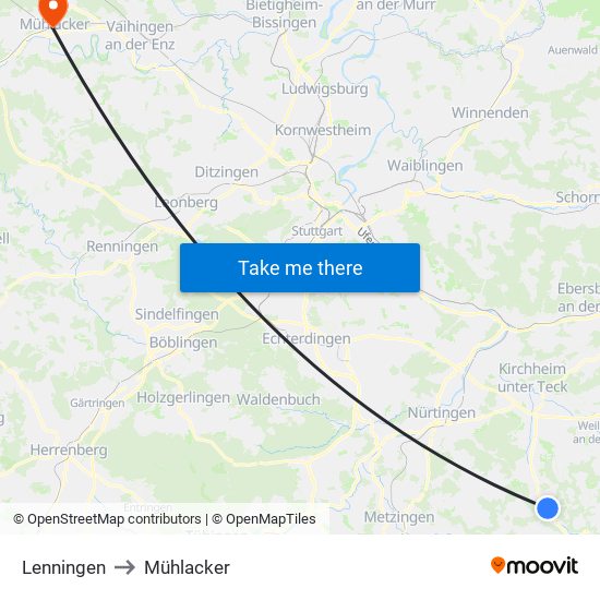 Lenningen to Mühlacker map
