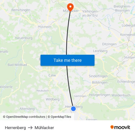 Herrenberg to Mühlacker map