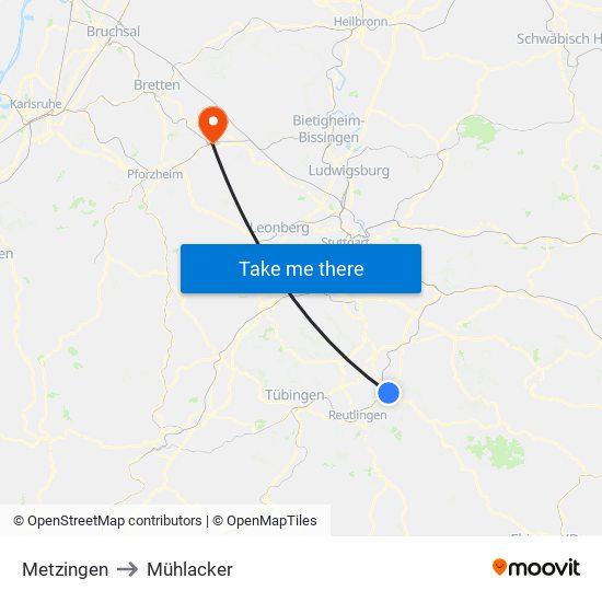 Metzingen to Mühlacker map