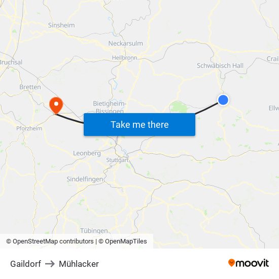 Gaildorf to Mühlacker map