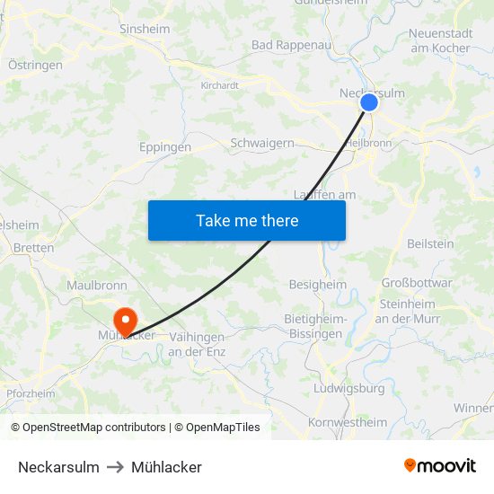 Neckarsulm to Mühlacker map