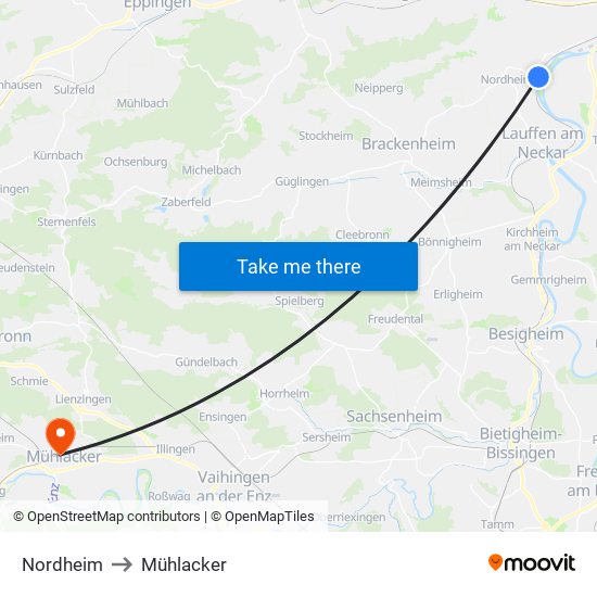 Nordheim to Mühlacker map