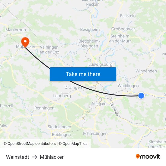 Weinstadt to Mühlacker map