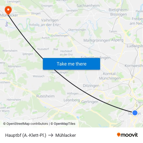 Hauptbf (A.-Klett-Pl.) to Mühlacker map