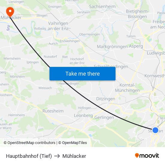 Hauptbahnhof (Tief) to Mühlacker map