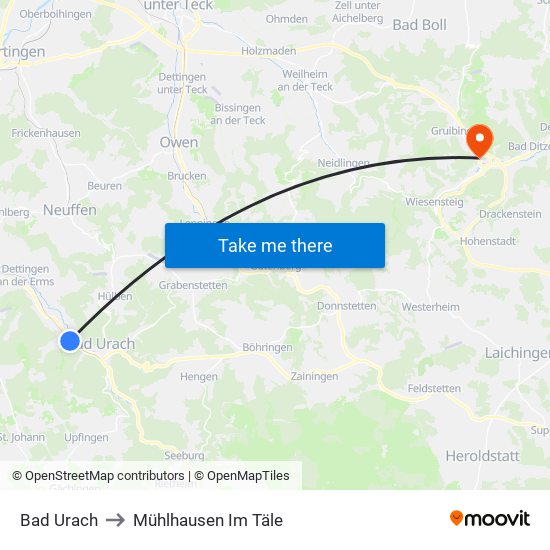 Bad Urach to Mühlhausen Im Täle map