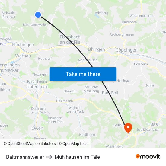 Baltmannsweiler to Mühlhausen Im Täle map