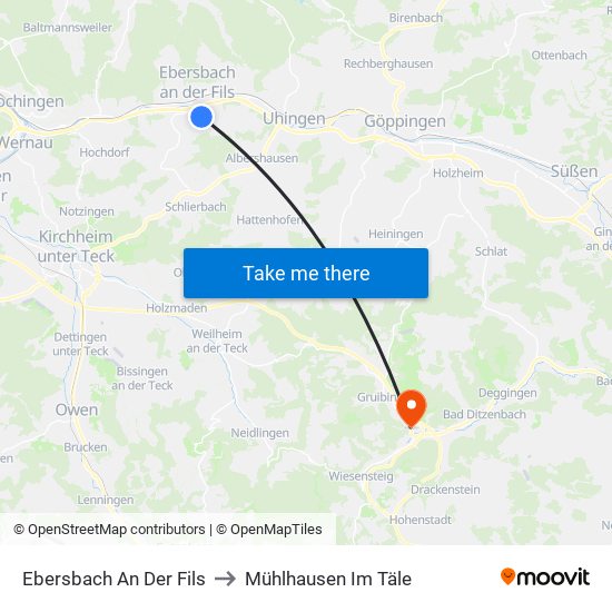 Ebersbach An Der Fils to Mühlhausen Im Täle map