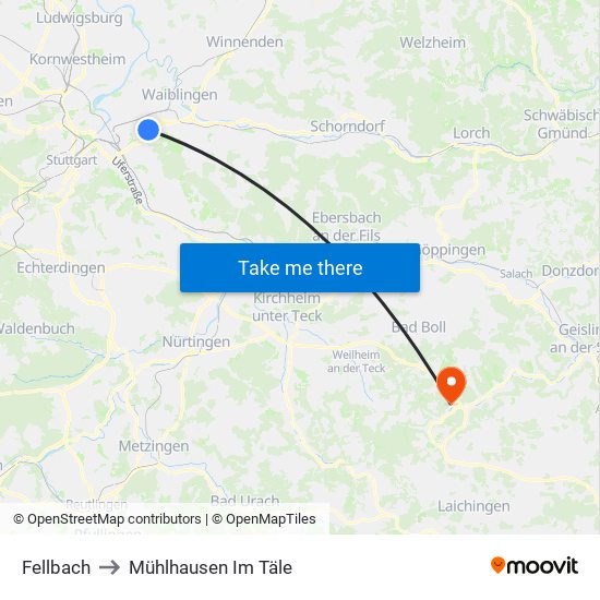 Fellbach to Mühlhausen Im Täle map