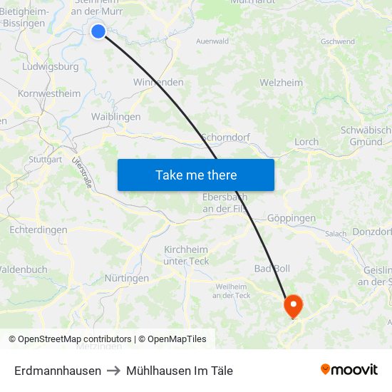 Erdmannhausen to Mühlhausen Im Täle map