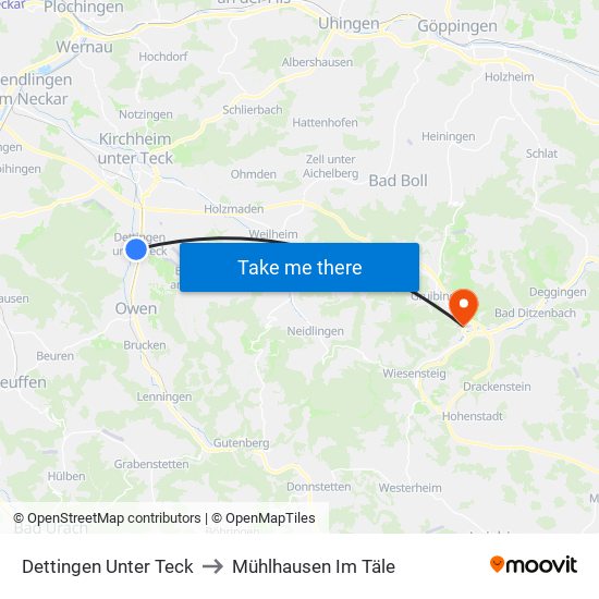Dettingen Unter Teck to Mühlhausen Im Täle map