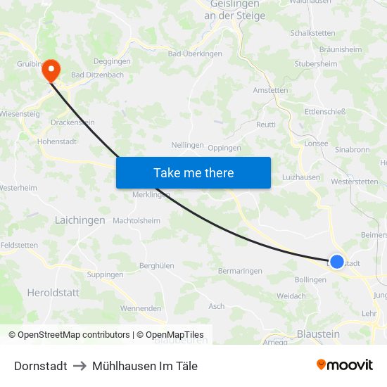 Dornstadt to Mühlhausen Im Täle map