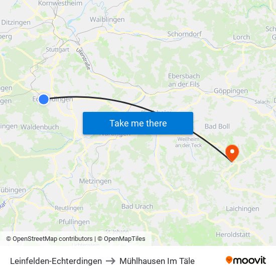 Leinfelden-Echterdingen to Mühlhausen Im Täle map