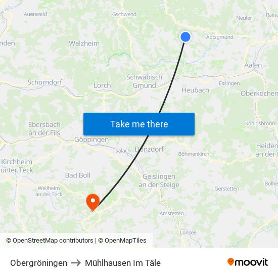 Obergröningen to Mühlhausen Im Täle map