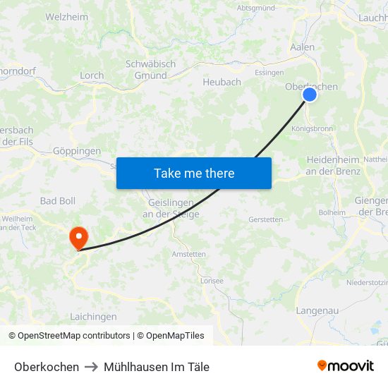 Oberkochen to Mühlhausen Im Täle map