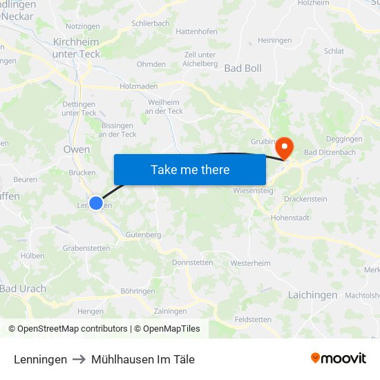 Lenningen to Mühlhausen Im Täle map