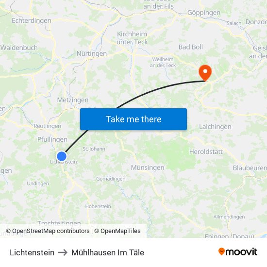 Lichtenstein to Mühlhausen Im Täle map