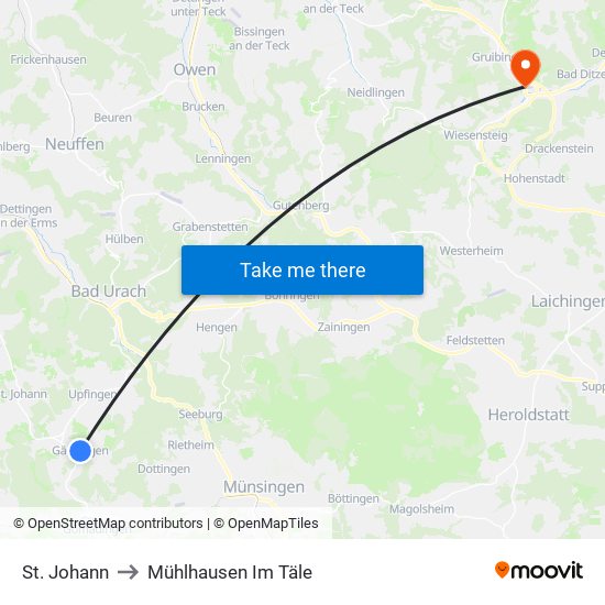 St. Johann to Mühlhausen Im Täle map