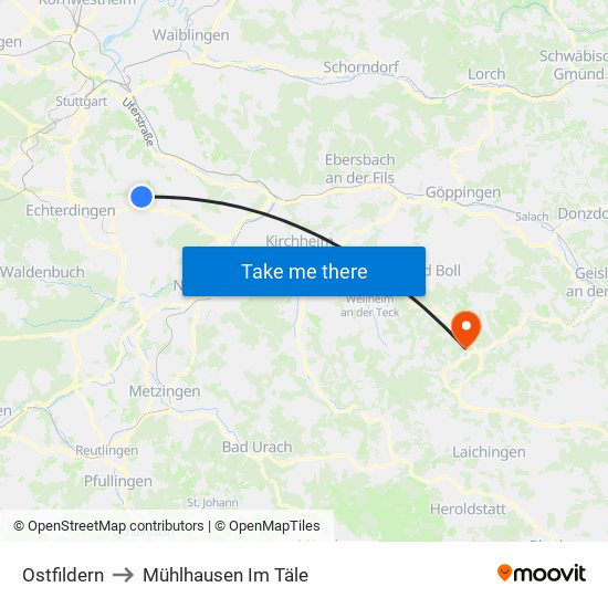 Ostfildern to Mühlhausen Im Täle map