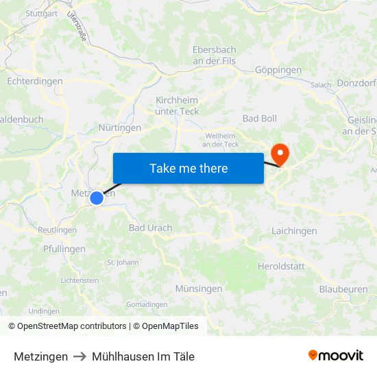 Metzingen to Mühlhausen Im Täle map