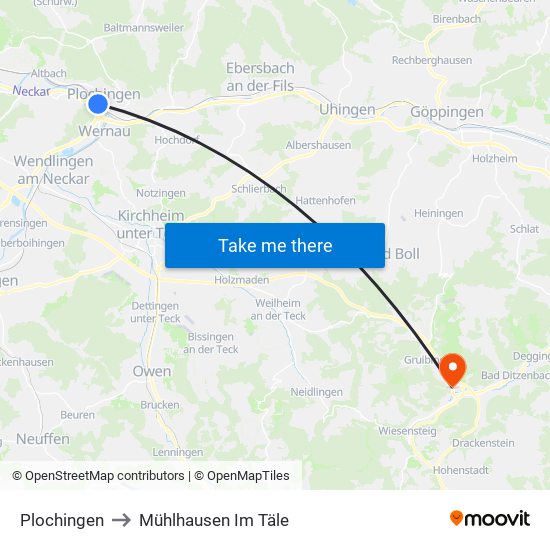 Plochingen to Mühlhausen Im Täle map