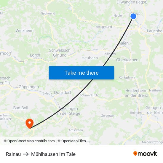 Rainau to Mühlhausen Im Täle map