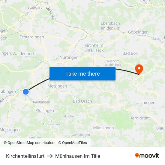 Kirchentellinsfurt to Mühlhausen Im Täle map