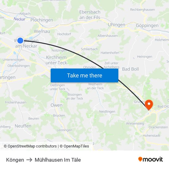 Köngen to Mühlhausen Im Täle map