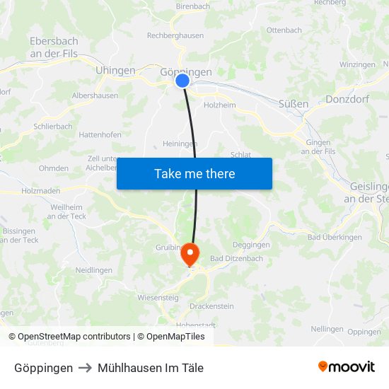 Göppingen to Mühlhausen Im Täle map