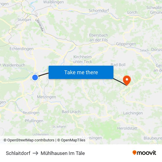 Schlaitdorf to Mühlhausen Im Täle map