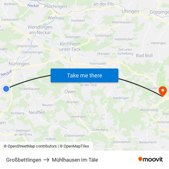 Großbettlingen to Mühlhausen Im Täle map