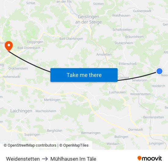 Weidenstetten to Mühlhausen Im Täle map