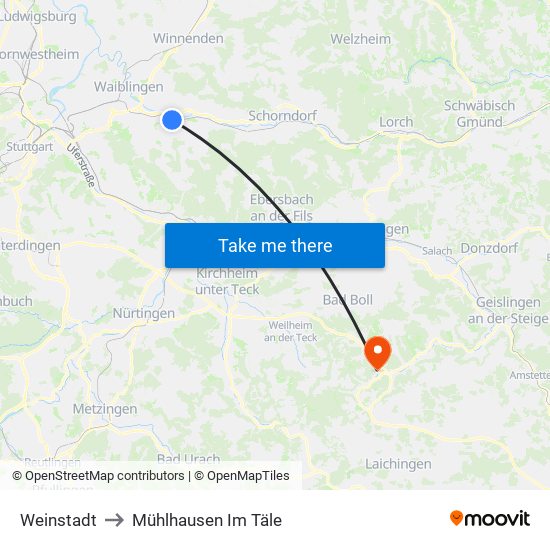 Weinstadt to Mühlhausen Im Täle map