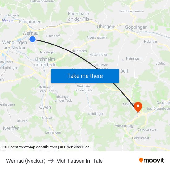 Wernau (Neckar) to Mühlhausen Im Täle map