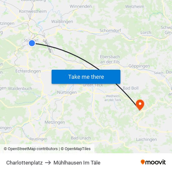 Charlottenplatz to Mühlhausen Im Täle map