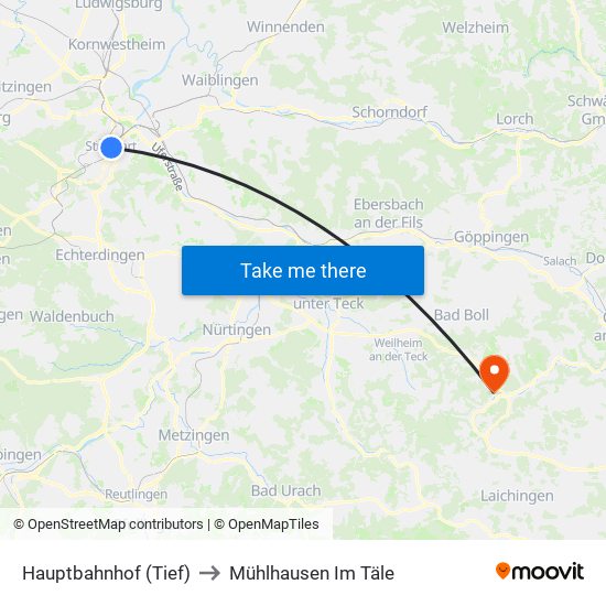 Hauptbahnhof (Tief) to Mühlhausen Im Täle map