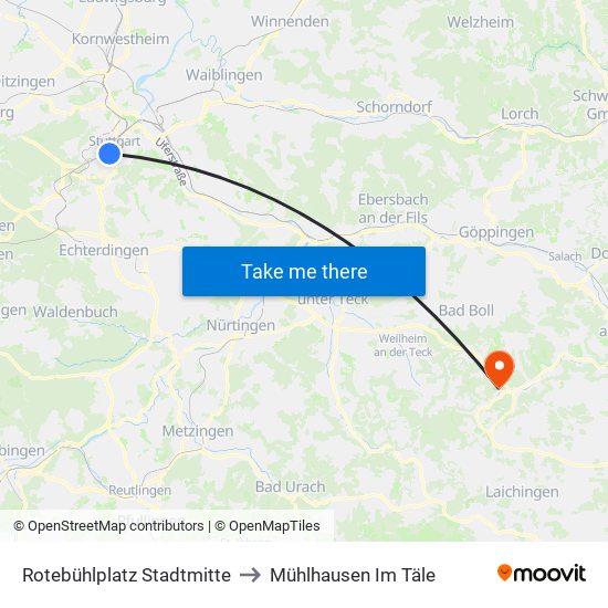 Rotebühlplatz Stadtmitte to Mühlhausen Im Täle map