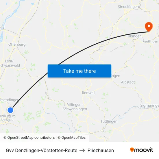 Gvv Denzlingen-Vörstetten-Reute to Pliezhausen map