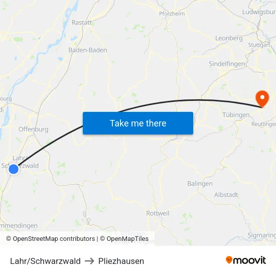 Lahr/Schwarzwald to Pliezhausen map