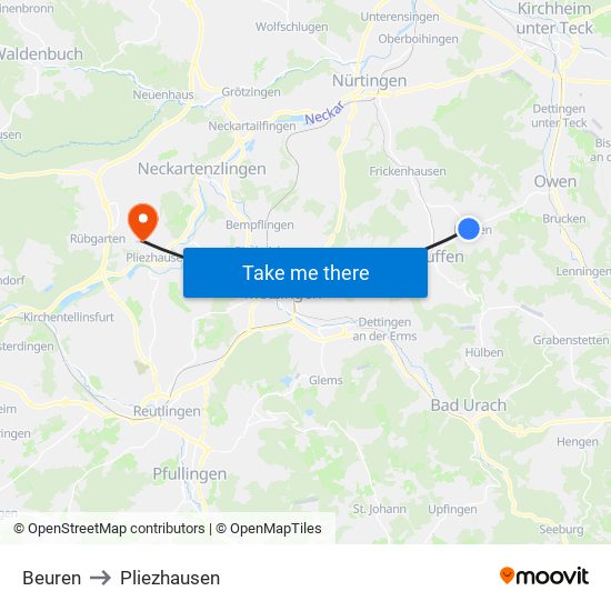 Beuren to Pliezhausen map