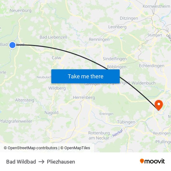 Bad Wildbad to Pliezhausen map