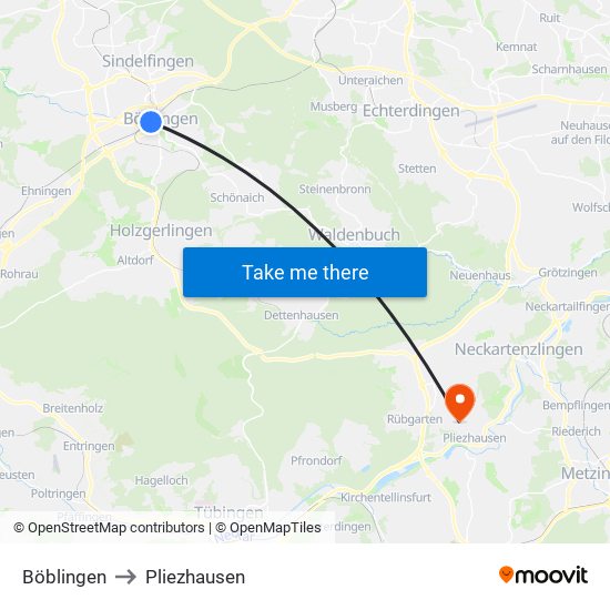 Böblingen to Pliezhausen map