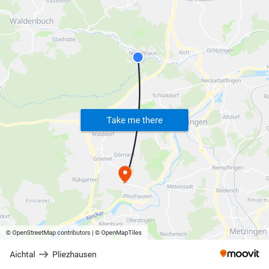 Aichtal to Pliezhausen map