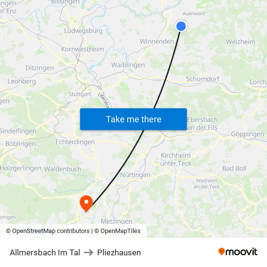 Allmersbach Im Tal to Pliezhausen map