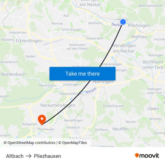 Altbach to Pliezhausen map