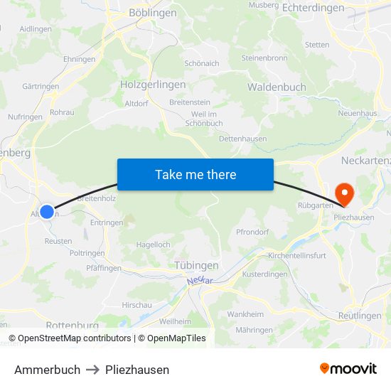 Ammerbuch to Pliezhausen map