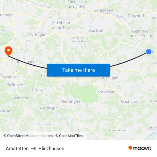 Amstetten to Pliezhausen map