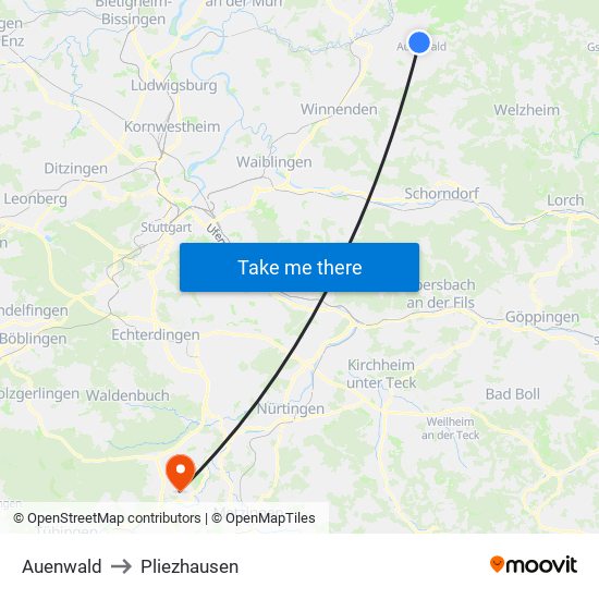 Auenwald to Pliezhausen map